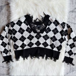 Plaid geometric cropped sweater